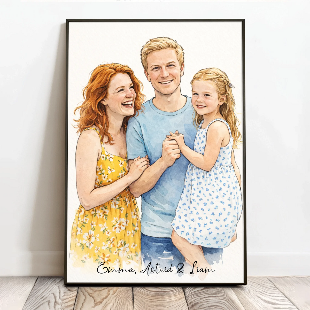 Personlig familieplakat i akvarellstil med portrett av familie, 40x60 cm