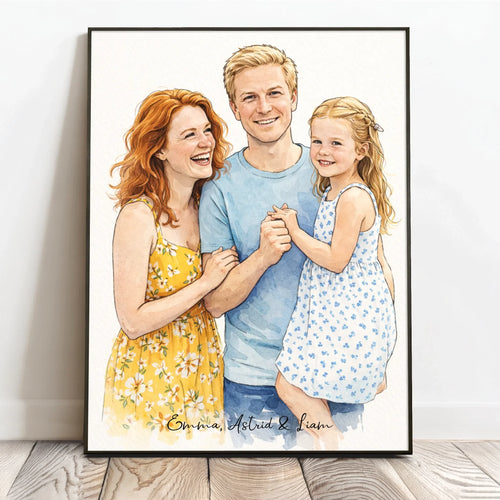 Personlig familieplakat i akvarellstil med portrett av familie, 40x60 cm – Motiv 2